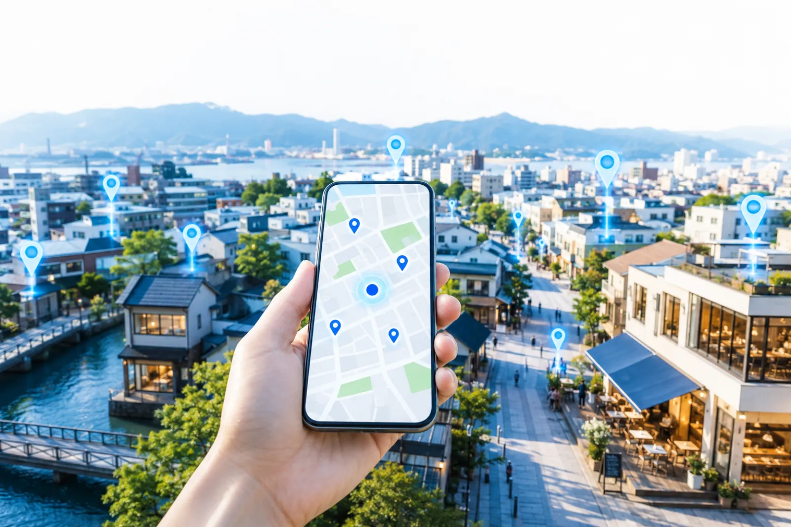 スマートフォンで地域のスポット情報を見ている様子